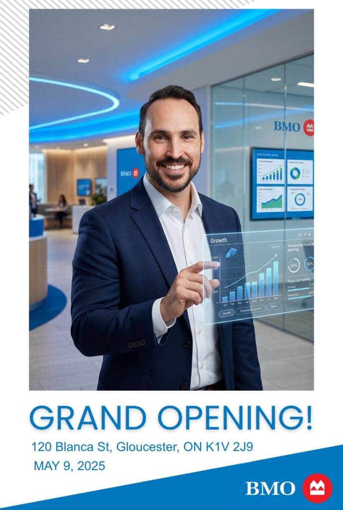 Man at BMO bank grand opening, pointing at virtual financial growth chart, Gloucester, May 9, 2025.