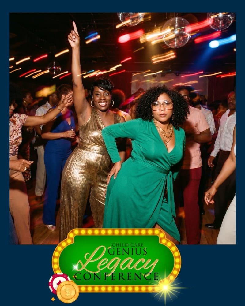 People dancing joyfully at Child Care Genius Legacy Conference with lively disco lights in the background.