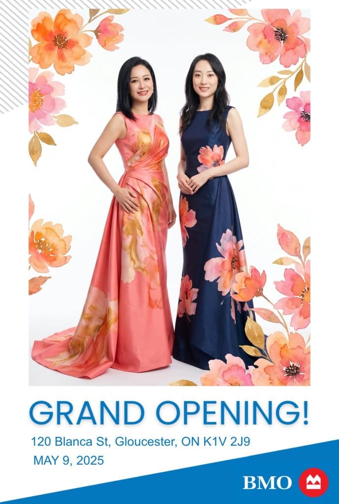 Two women in floral gowns posing at an event; Grand Opening on May 9, 2025, at 120 Blanca St, Gloucester.