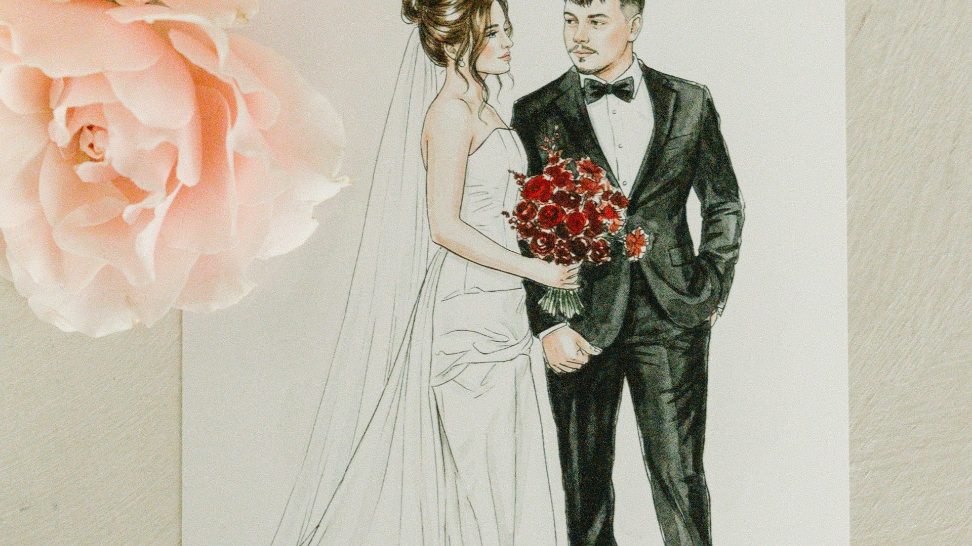 Illustrated wedding couple beside pink roses, bride in veil holding red bouquet, groom in tuxedo. Elegant and romantic.